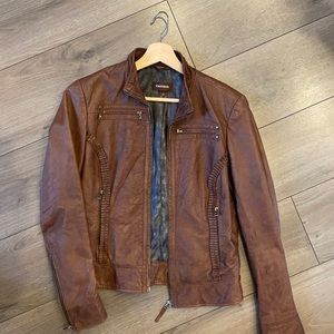Brown leather bomber jacket